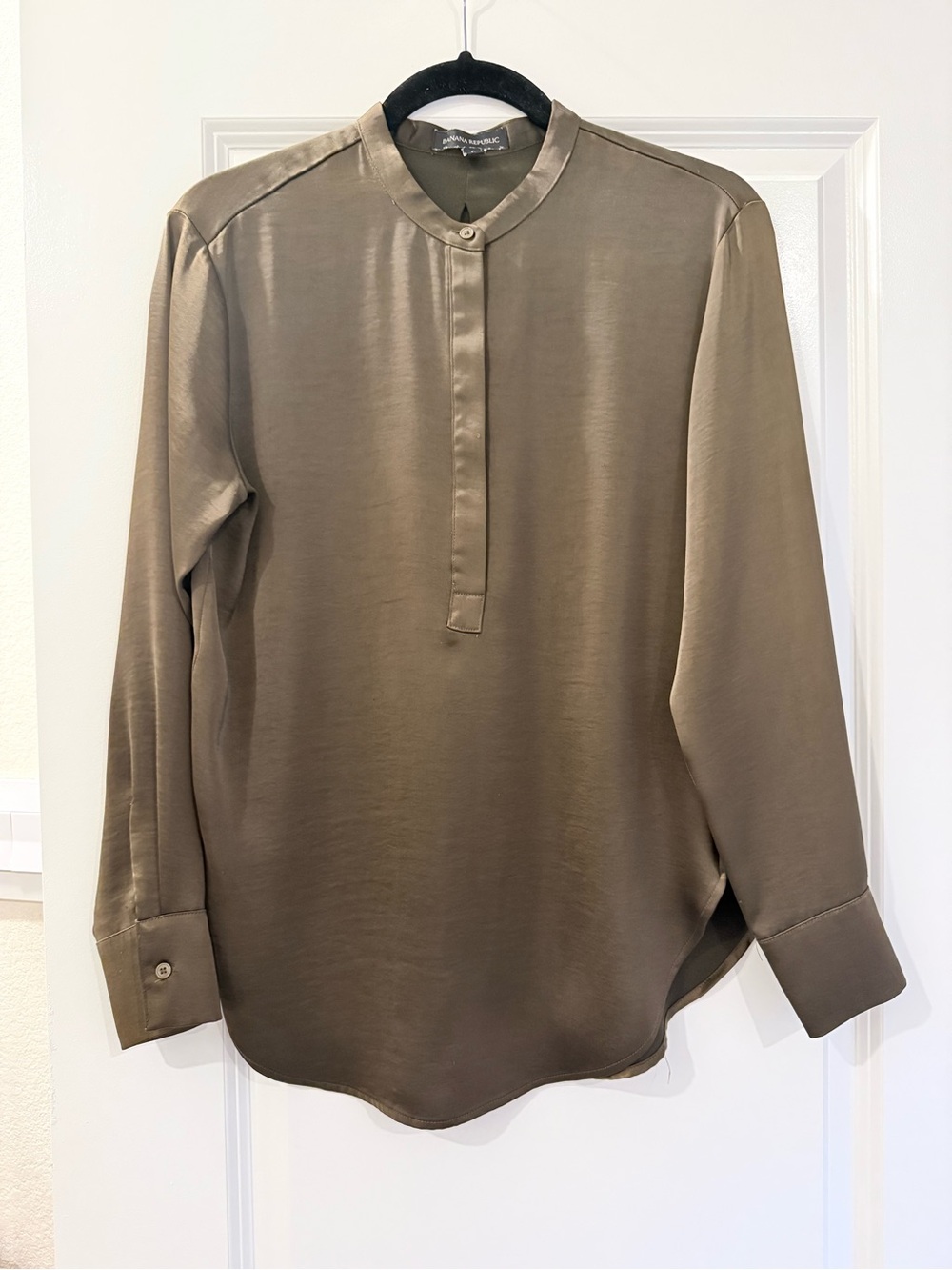 Banana Republic Satin Popover Blouse | Olive Green | Long Sleeve